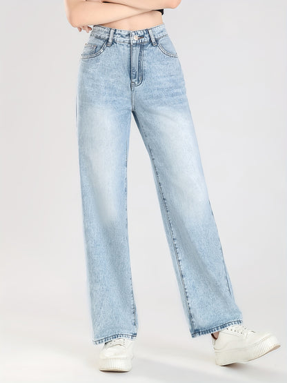 xieyinshe  Teen Girls Trendy Light-Washed High Waist Jeans Wide-Leg Denim Pants, Versatile Trousers For Youth Outwear