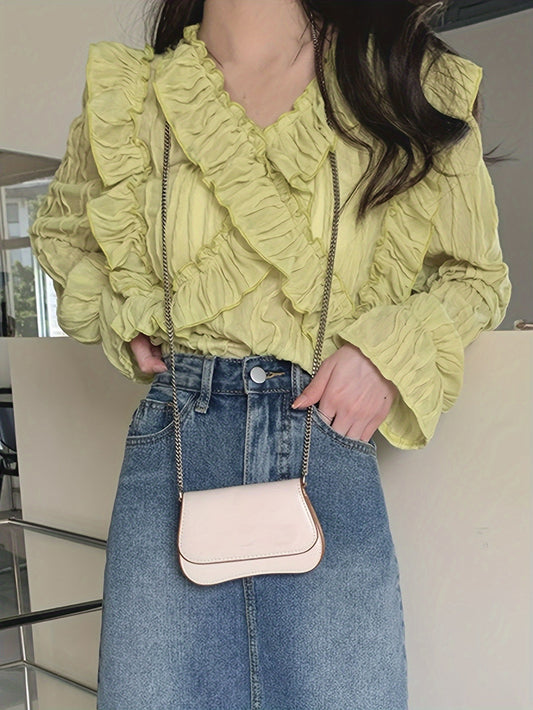 xieyinshe Solid Ruffle Trim V-neck Blouse, Sweet Long Sleeve Blouse For Spring & Fall, Women's Clothing