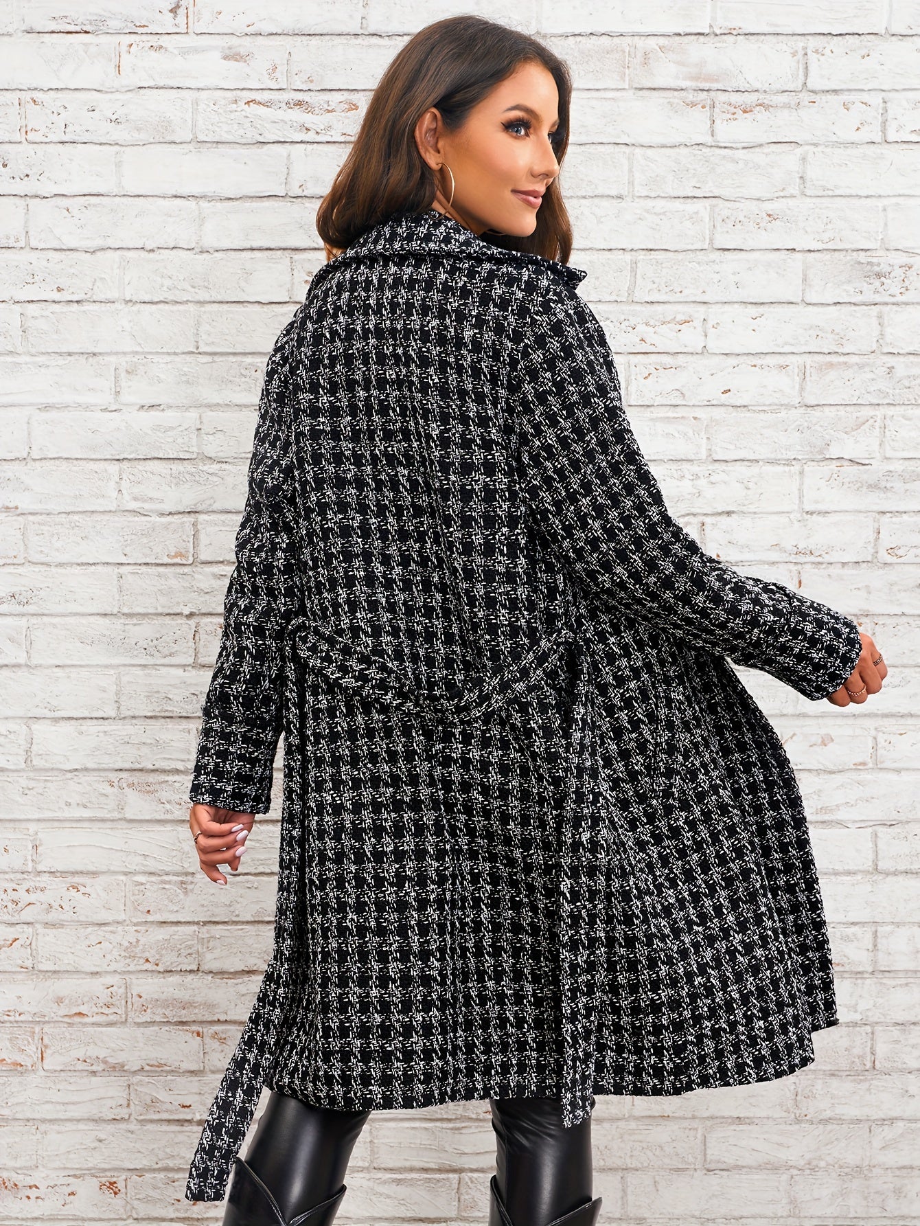 xieyinshe Houndstooth Pattern Double Breasted Overcoat, Elegant Lapel Long Sleeve Outerwear, Women's Clothing