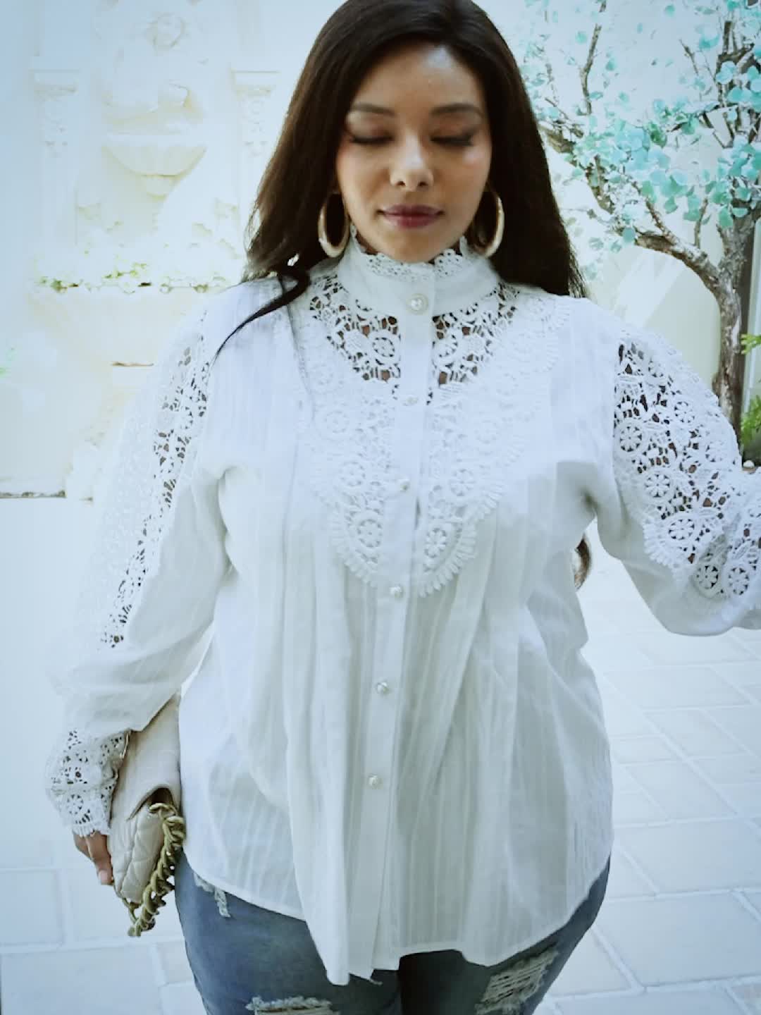 xieyinshe  Plus Size Elegant Blouse, Women's Plus Solid Contrast Lace Lantern Sleeve Button Up Mock Neck Shirt Top