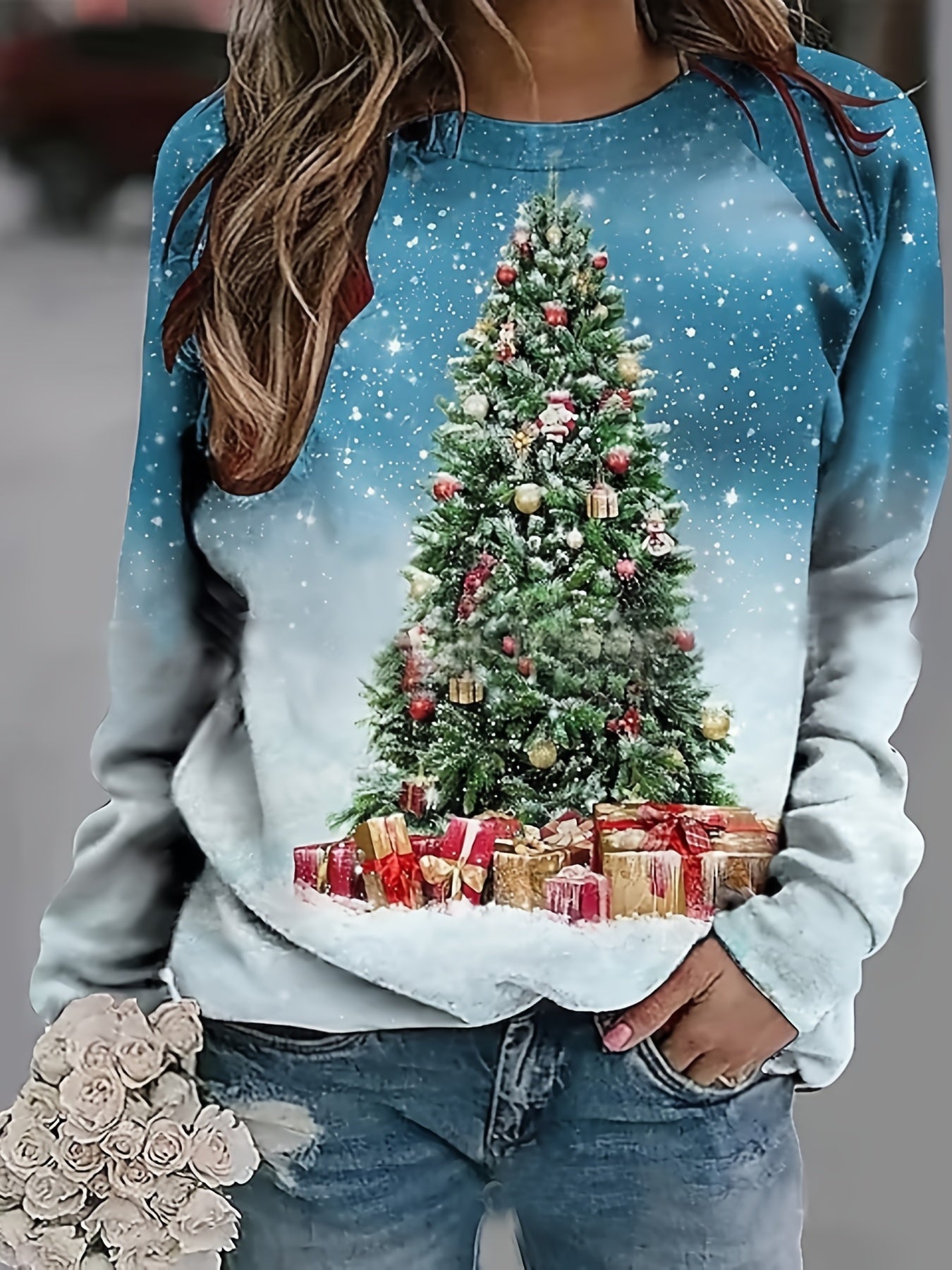 xieyinshe  Christmas Tree Print Sweatshirt, Casual Long Sleeve Crew Neck Sweatshirt, Women's Clothing