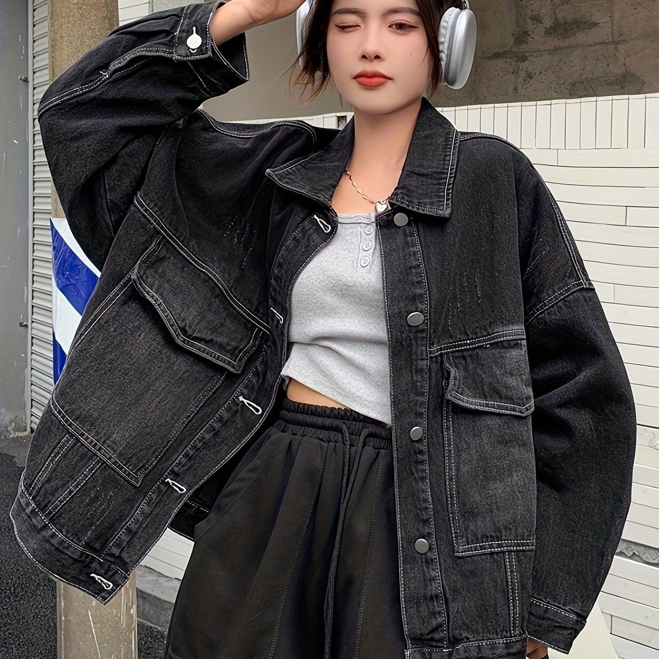 xieyinshe  Black Long Sleeves Denim Jackets, Flap Pockets Non-Stretch Lapel Denim Coats, Women's Denim Clothing