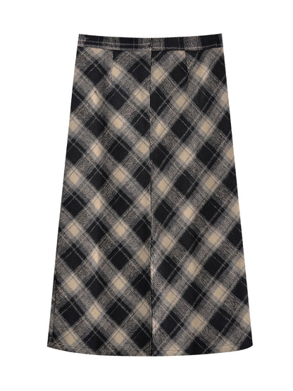 xieyinshe Plaid High Waist Tweed Skirt, Vintage Slim A Line Midi Skirt For Fall & Winter, Women's Clothing