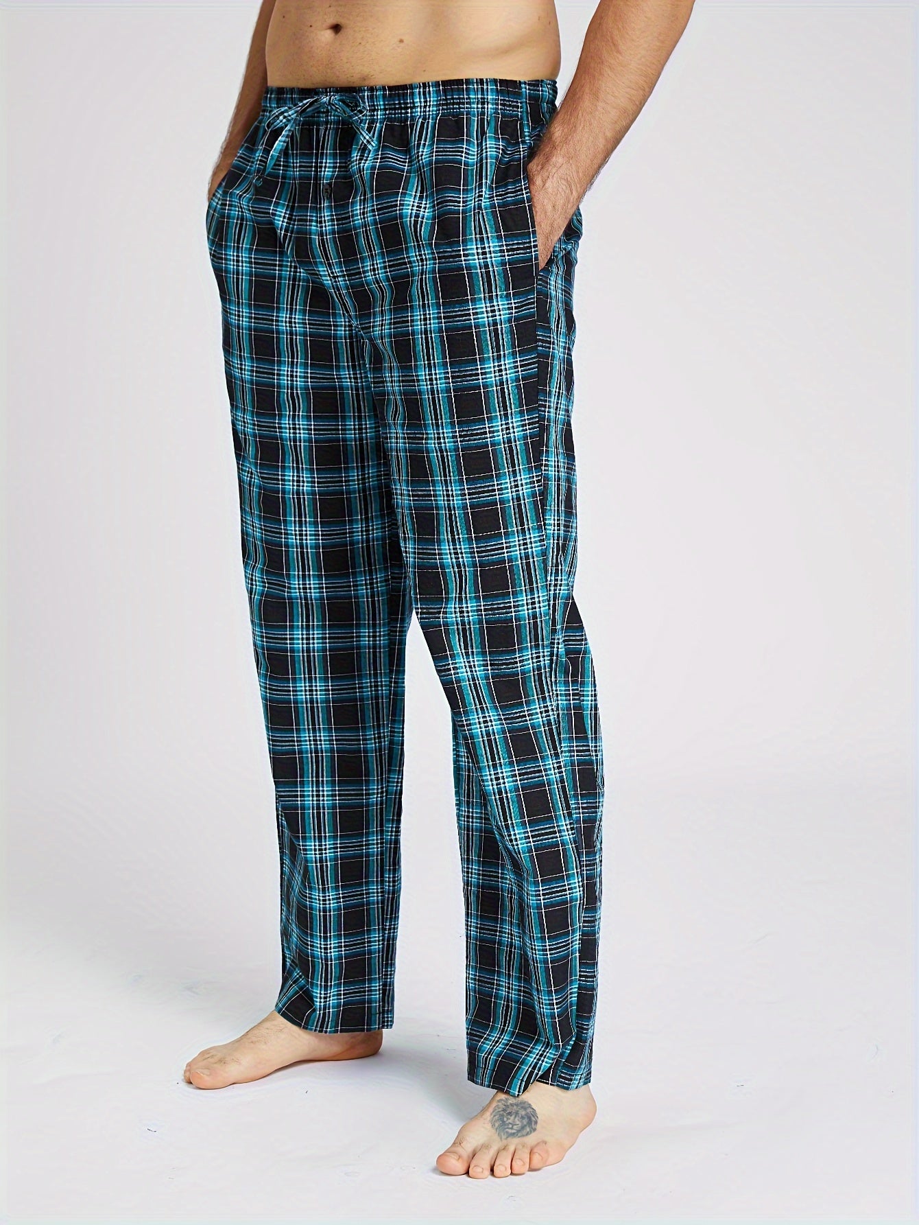 1/3pcs Men's Cotton Thin Plaid Sleep & Lounge Pants, Pajama Bottoms With Pockets