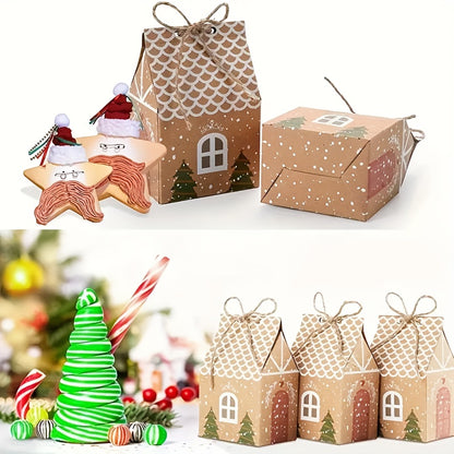 10pcs Festive Kraft Paper Gift Bags with Twine, Christmas Tree and Gingerbread House Design, Holiday Treat Packaging for Cookies and Candy