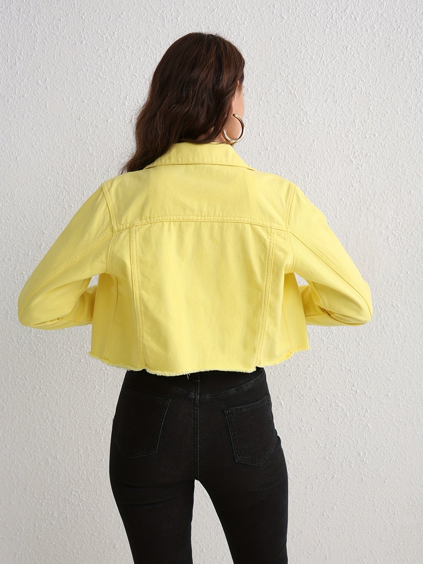 Yellow Raw Hem Denim Jackets, Long Sleeves Non-Stretch Lapel Denim Coats, Women's Denim Clothing