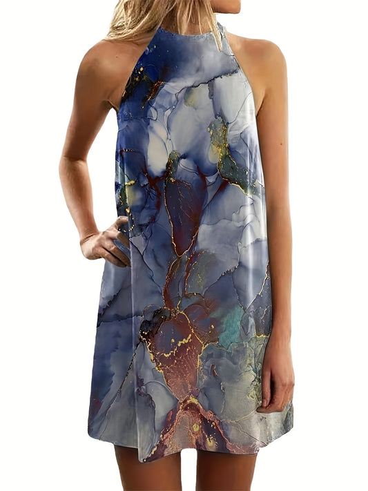 Marble Print Gradient Dress, Casual Spaghetti Sleeveless Summer Mini Dress, Women's Clothing