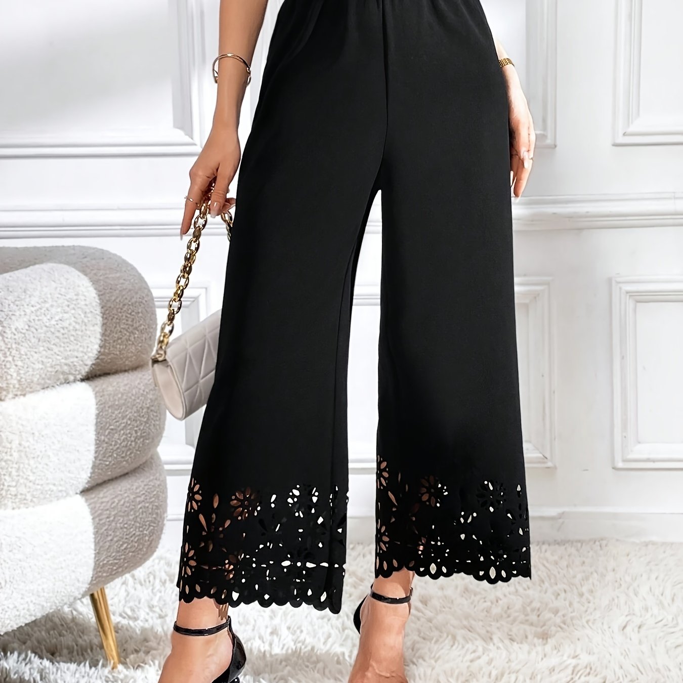 xieyinshe  Lace Stitching Wide Leg Pants, Casual Elastic Waist Solid Pants, Women's Clothing