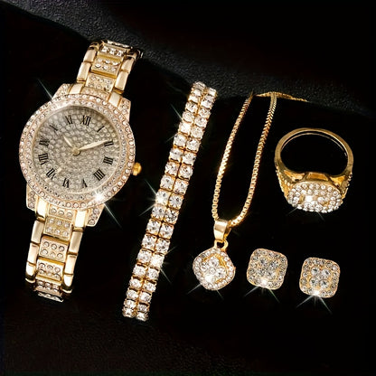 6pcs/set Women's Watch Luxury Rhinestone Quartz Watch Rome Fashion Analog Wrist Watch & Jewelry Set, Gift For Mom Her