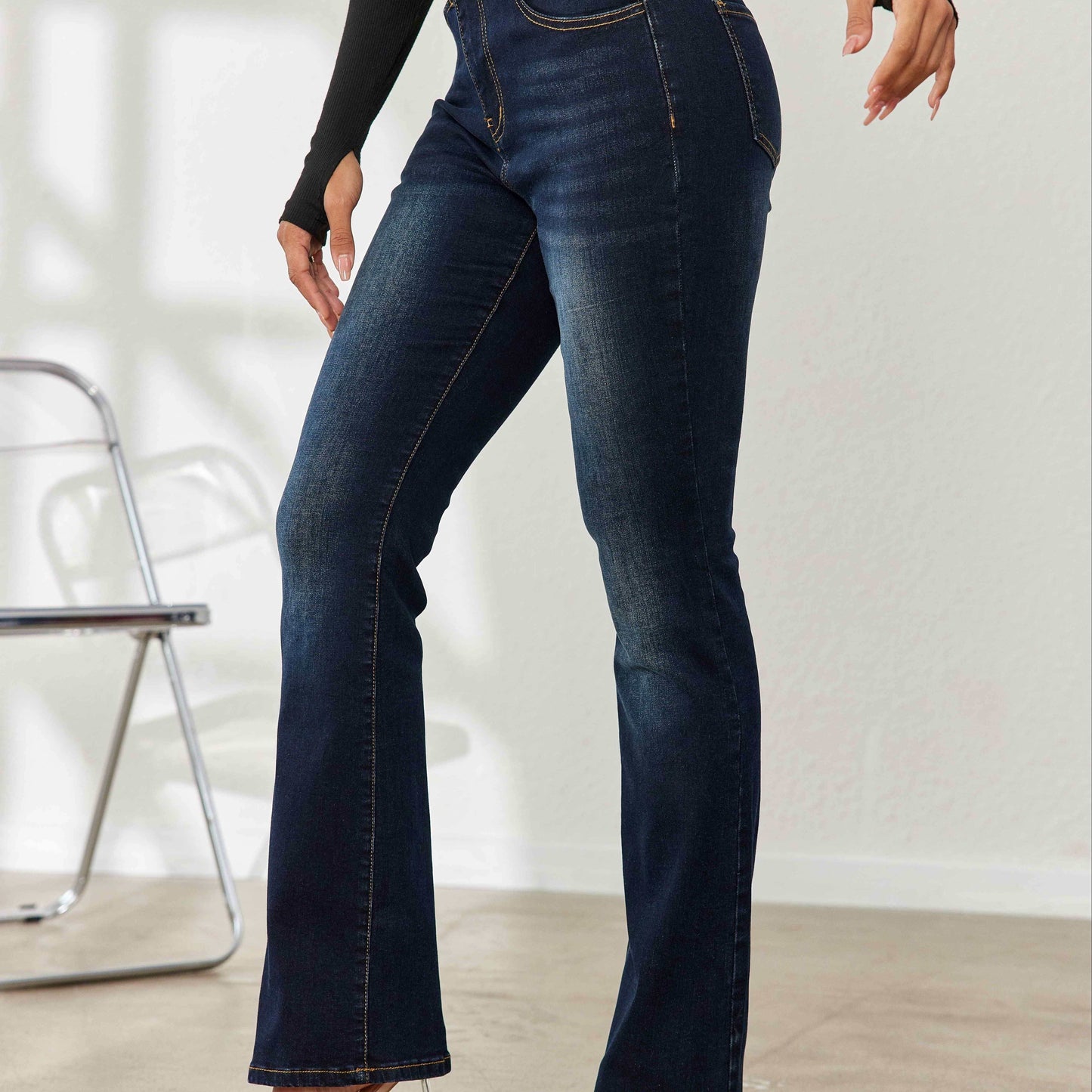 xieyinshe  Blue Slant Pockets Bootcut Jeans, High Stretch Slim Fit Washed Denim Pants, Women's Denim Jeans & Clothing