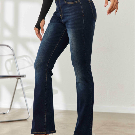 xieyinshe Blue Slant Pockets Bootcut Jeans, High Stretch Slim Fit Washed Denim Pants, Women's Denim Jeans & Clothing