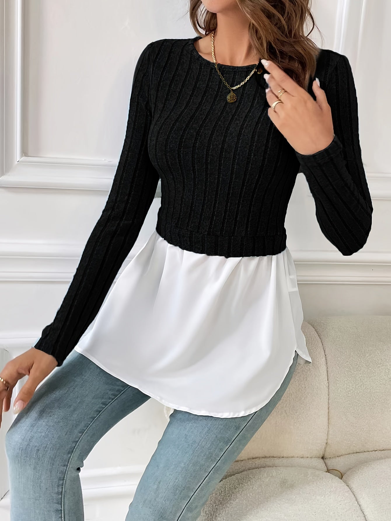 xieyinshe  2 In 1 Ribbed Paneled Crew Neck T-Shirt, Casual Long Sleeve Top For Spring & Fall, Women's Clothing