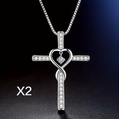 2PCS 925 Sterling Silver Women's Chain Necklace With Cross Pendant, Hypoallergenic Necklace Gift Fashion Cross Religious Belief Inlaid Zircon Pendant