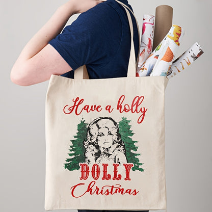 1pc Holly Dolly Christmas Canvas Tote Bag - Eye-Catching Design, Durable & Reusable for Womens Travel, Daily Use, Shopping - Trendy Foldable Shoulder Bag, Perfect Xmas Gift Idea