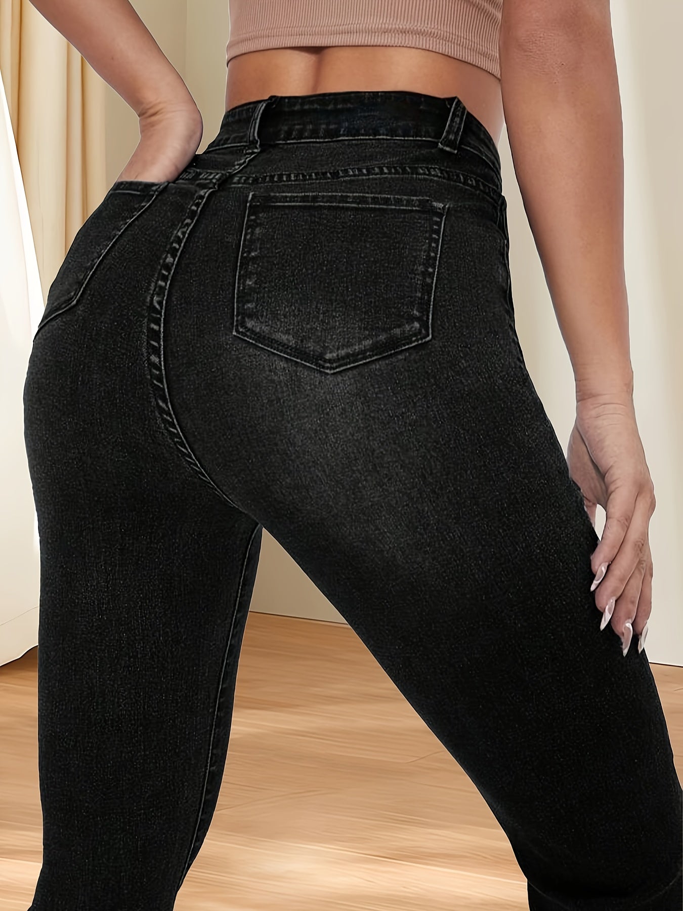 xieyinshe  Black Slant Pockets Flare Jeans, High Stretch Washed Bell Bottom Jeans, Women's Denim Jeans & Clothing