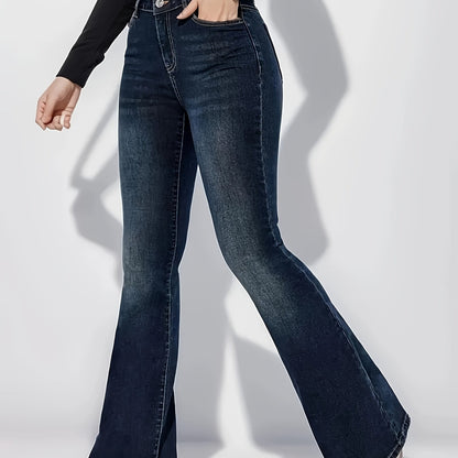 xieyinshe  Plain Whiskering Flare Leg Jeans, High Stretch Slash Pocket Elegant Denim Pants, Women's Denim Jeans & Clothing