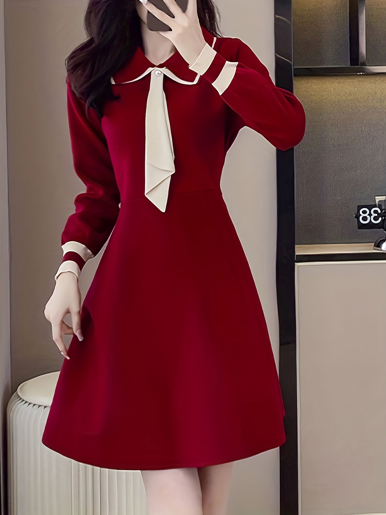 xieyinshe  Tie Neck A Line Dress, Elegant Long Sleeve Midi Dress, Women's Clothing