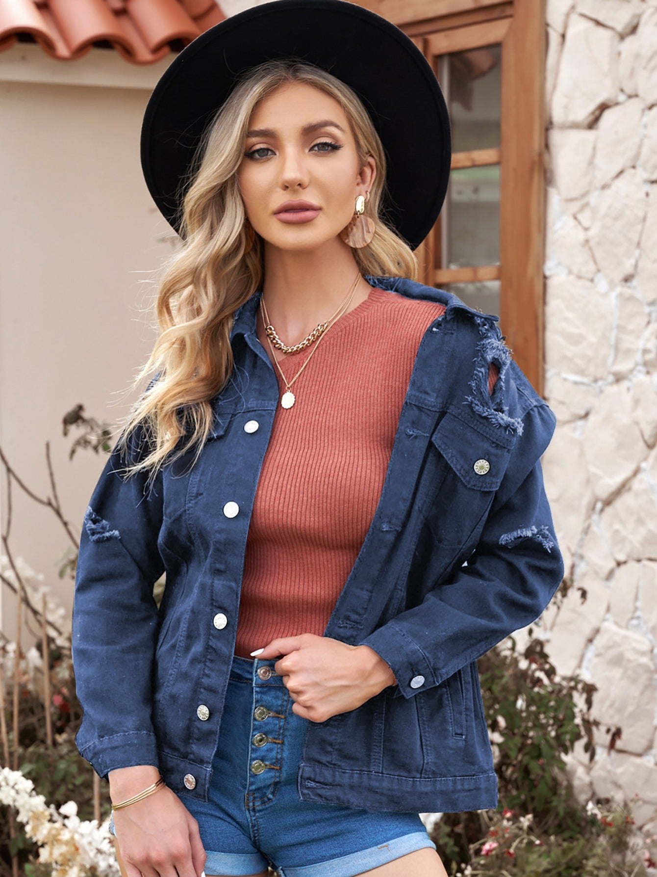 Distressed Button Up Denim Jackets, Casual Solid Color Flap Pockets Ripped Long Sleeve Denim Coats, Women's Denim Clothing