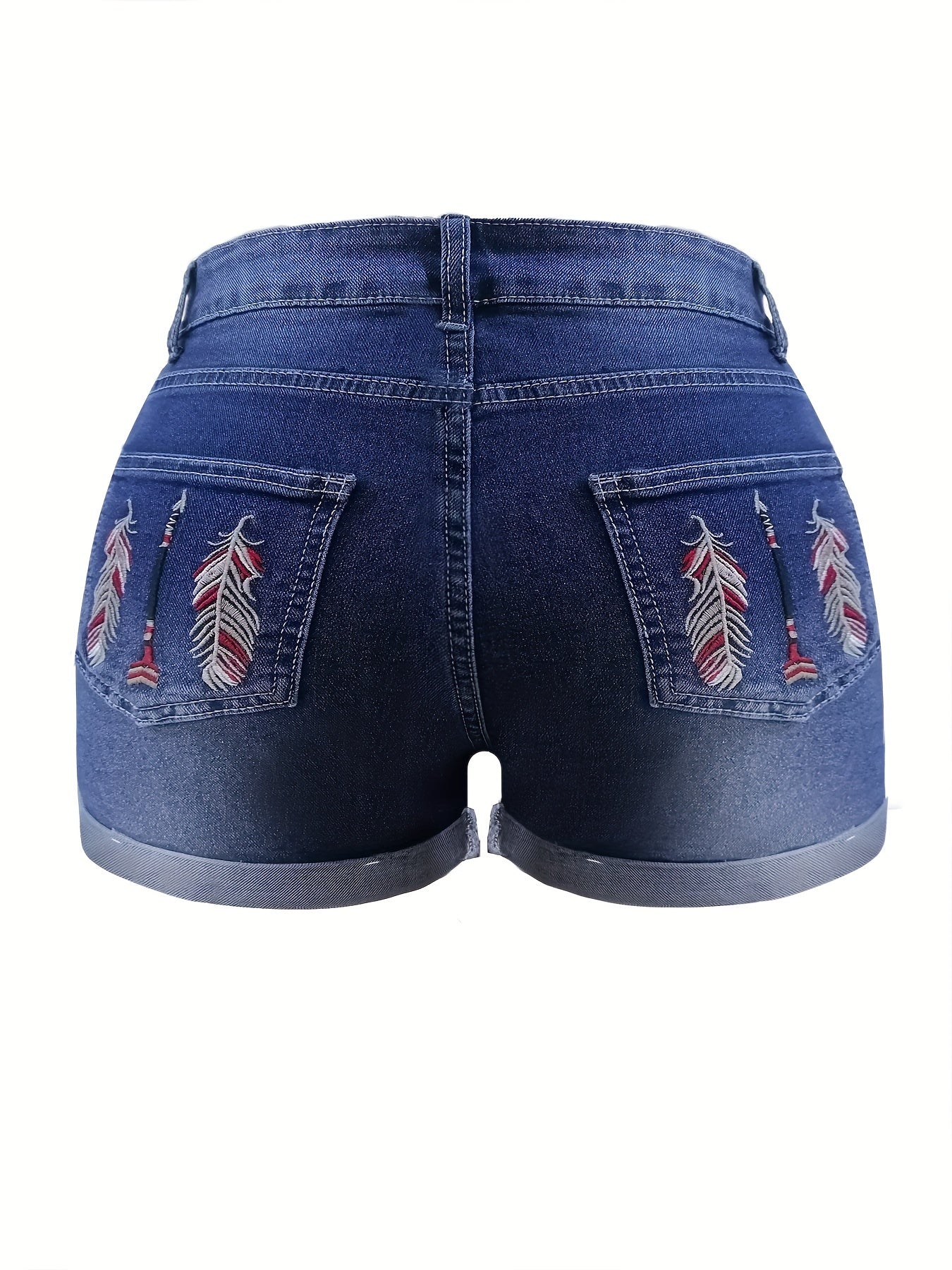 Fashion-Forward Feather Embroidered Denim Shorts - Rolled Hem, Slash Pockets Design, Casual Jeans Style for Womens Wardrobe