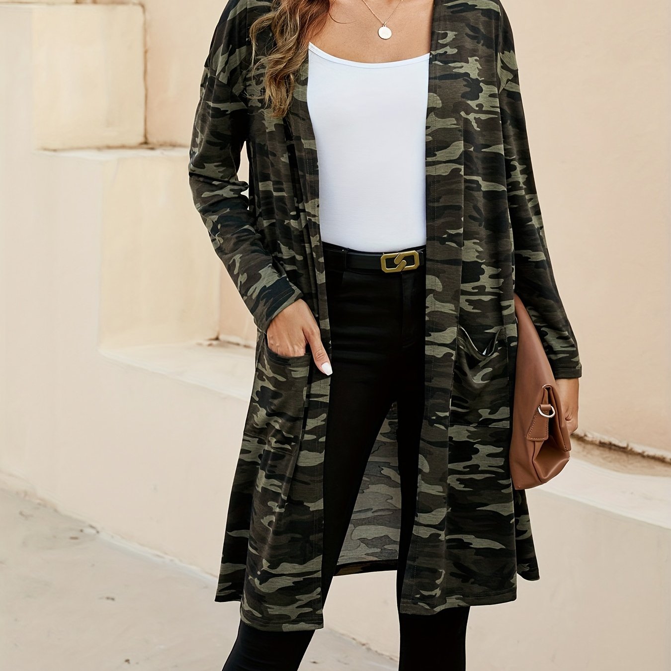 Camo Print Mid Length Coat, Casual Open Front Long Sleeve Outerwear, Women's Clothing