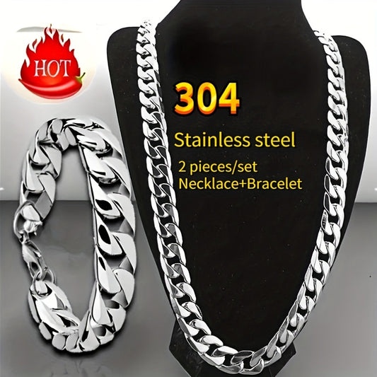 2pcs/set Unisex Stainless Steel Cuban Necklace & Bracelet Duo - Timeless Y2k Style, Bold Domineering Hip-hop Punk Rock NK Chain for Couples