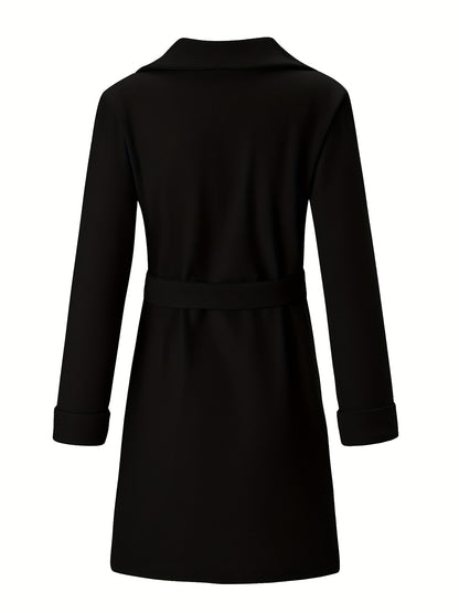 xieyinshe  Lapel Neck Belted Coat, Elegant Long Sleeve Coat For Fall & Winter, Women's Clothing