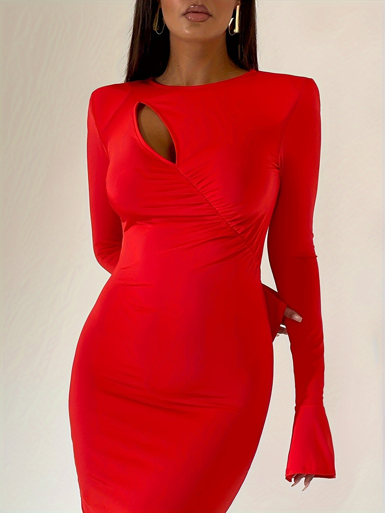 xieyinshe  Cut Out Bodycon Solid Dress, Elegant Long Sleeve Dress For Spring & Fall, Women's Clothing