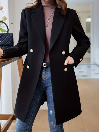 xieyinshe Solid Double Breasted Lapel Overcoat, Elegant Long Sleeve Mid Length Coat  For Fall & Winter, Women's Clothing