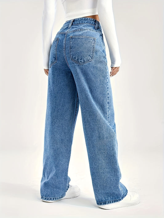 xieyinshe Blue High Rise Wide Leg Denim Pants, Loose Non-stretch Casual Straight Jeans, Women's Denim Jeans & Clothing