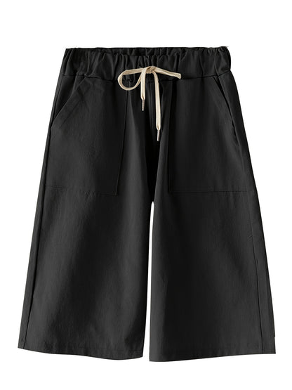 xieyinshePlus Size Solid High Rise Wide Leg Drawstring Shorts, Women's Plus Slight Stretch Casual Shorts