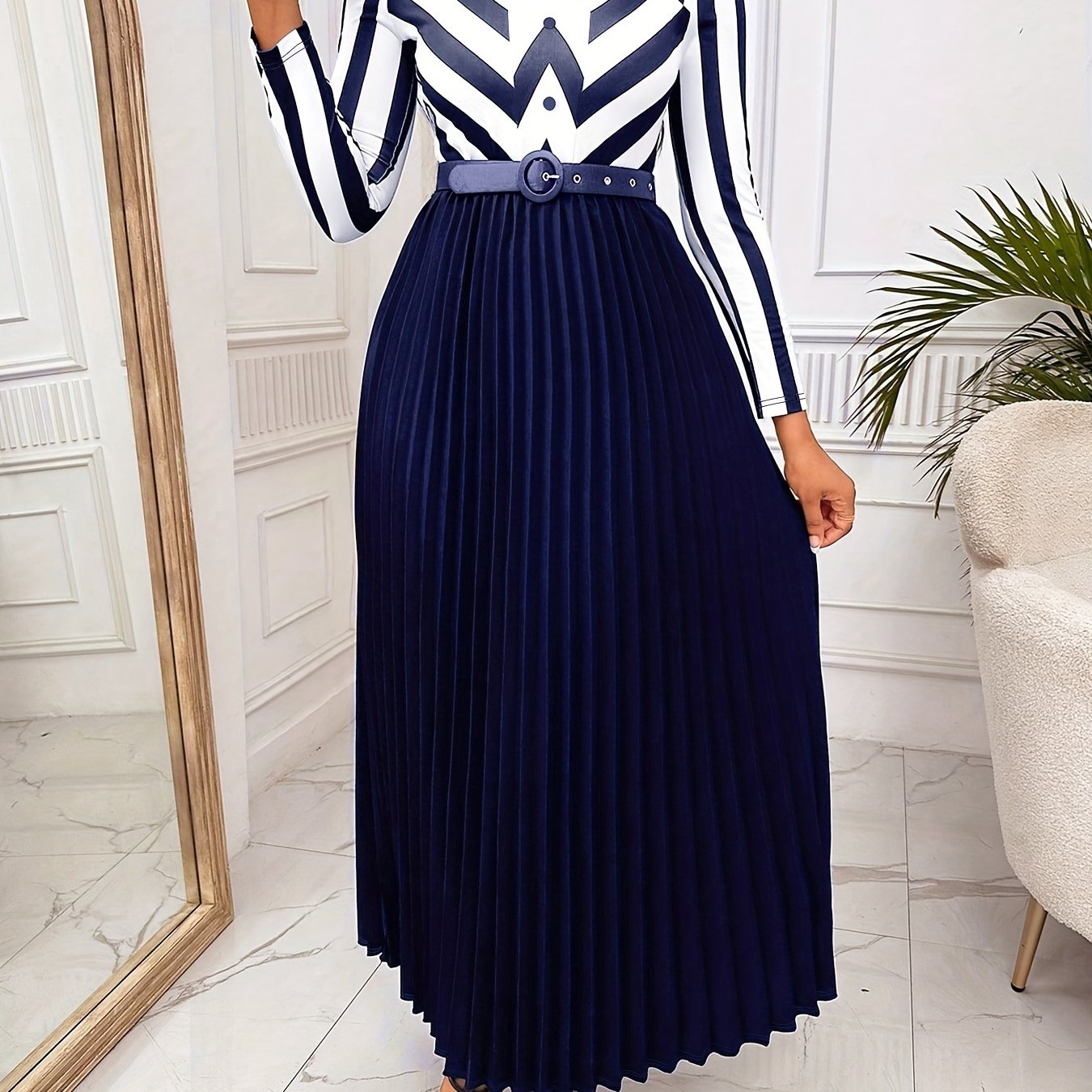 xieyinshe  Graphic Print Splicing Belted Dress, Elegant Pleated Long Sleeve Dress For Spring & Fall, Women's Clothing