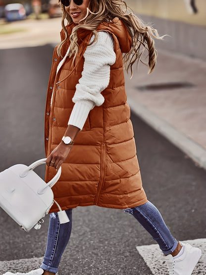 Hooded Sleeveless Coat, Casual Long Length Versatile Winter Warm Outerwear, Women's Clothing