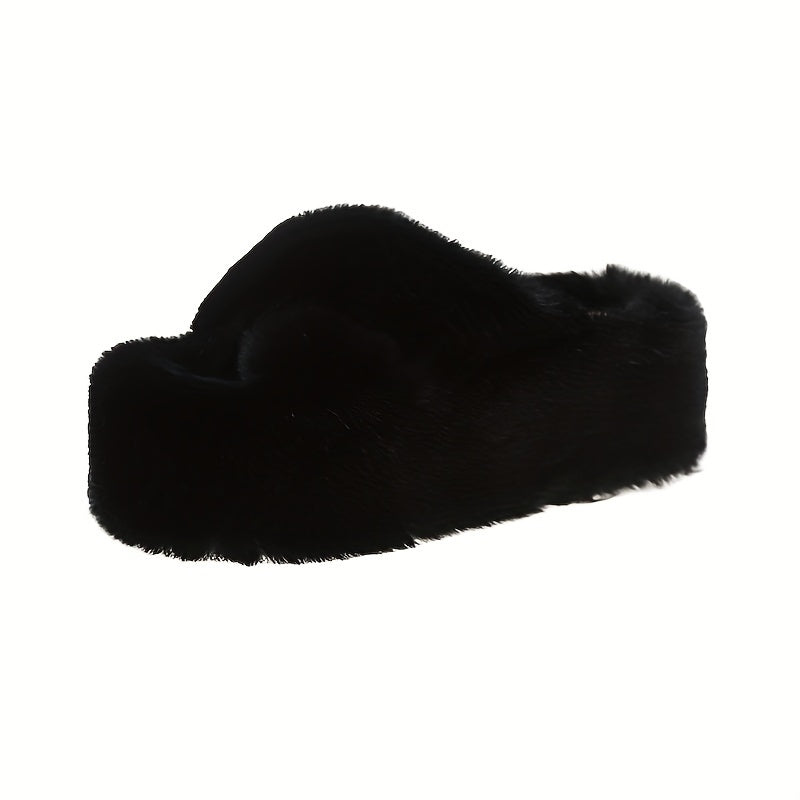 Cozy Solid Color Platform Slippers - Stylish Slip-On Winter Shoes for Indoor Comfort - Warm, Non-Slip, Perfect Home Slippers