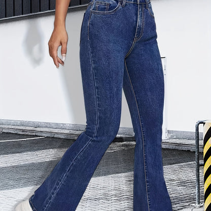 Plain High Stretch Flare Leg Jeans, High Rise Slash Pocket Washed Solid Color Bell Botton Retro Denim Pants, Women's Denim Jeans & Clothing