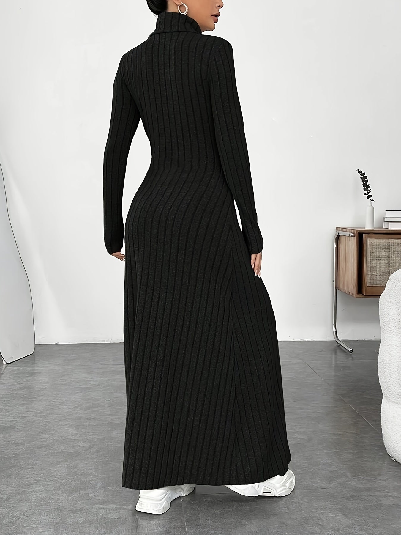 Turtleneck Ribbed A-line Dress, Elegant Long Sleeve Dress For Spring & Fall, Women's Clothing