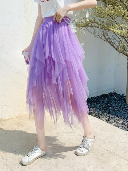 xieyinshe  Teen Girl Asymmetrical Tulle Long Skirt, Elastic High Waist Skirts For Elegant Outfit