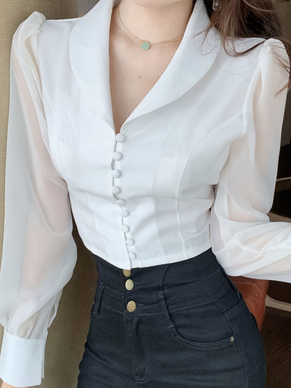 Solid Tie Back Button Front Blouse, Elegant Long Sleeve V-neck Blouse For Spring & Fall, Women's Clothing