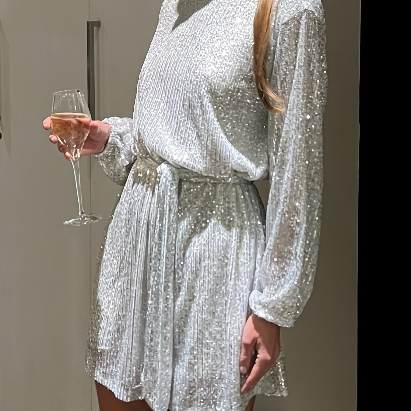 xieyinshe  Sequined Belted Dress, Solid Loose Long Sleeve Dress, Women's Clothing