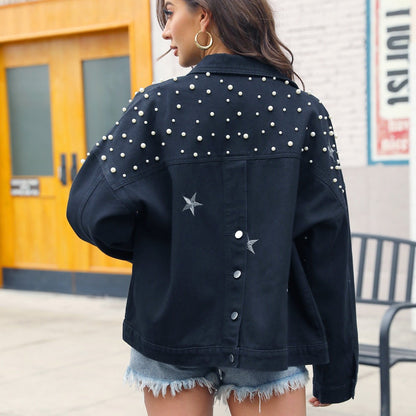 Faux Pearl Beaded Star Pattern Button Detail Denim Coat, Black Single-breasted Button Up Long Sleeve Loose Denim Jacket, Women's Denim Jeans & Clothing