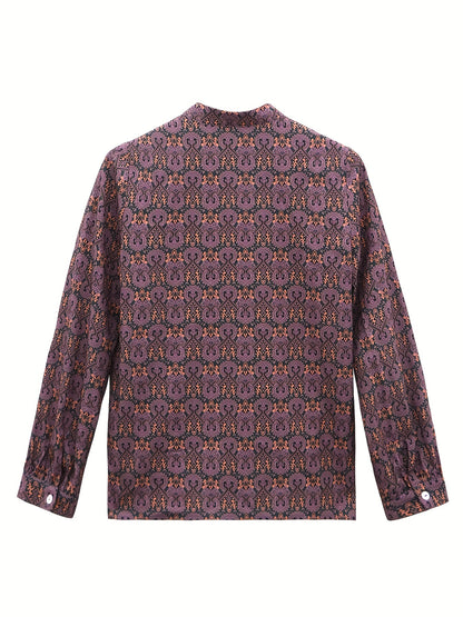 xieyinshe Ethnic Floral Print Blouse, Casual Half Button Long Sleeve Blouse, Women's Clothing