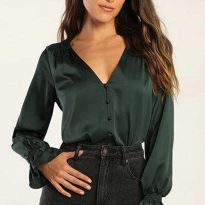 Satin V Neck Blouse, Elegant Long Sleeve Ruffle Trim Blouse, Women's Clothing