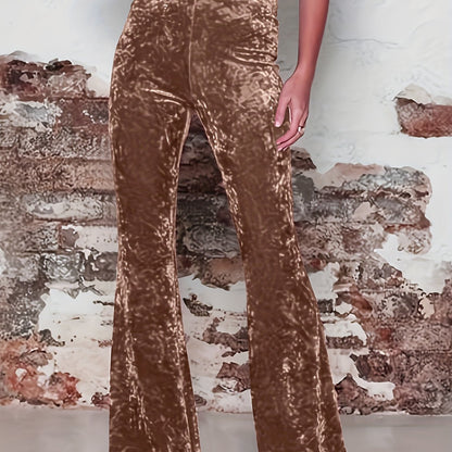 High Waist Solid Velvet Pants, Boho Every Day Flare Leg Pants For All Season, Women's Clothing