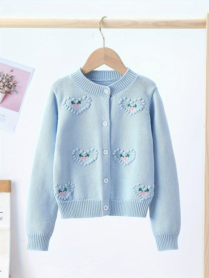 Girls Adorable Heart Embellished Pure Cotton Long Sleeve Jacquard Knit Cardigan Sweater for Everyday Fashion