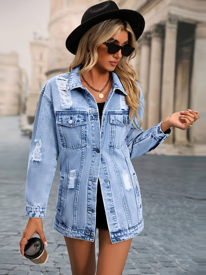 Oversized Distressed Flap Pockets Denim Jacket, Ripped Deco Long Sleeve Butt Cover Denim Coat, Women's Denim Jackets & Coats, Women's Clothing