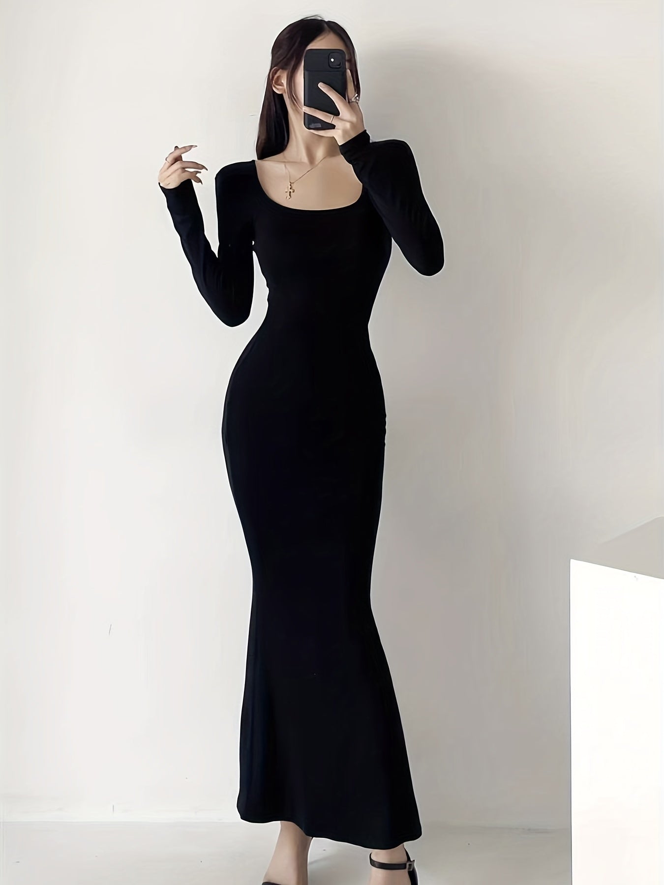 Squared Neck Solid Dress, Elegant Bodycon Long Sleeve Mermaid Hem Dress, Women's Clothing