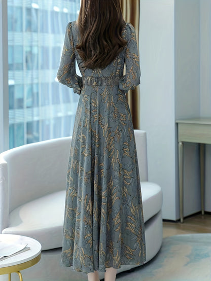 xieyinshe  Floral Pattern Midi Dress, Vintage V Neck Long Sleeve Dress, Women's Clothing