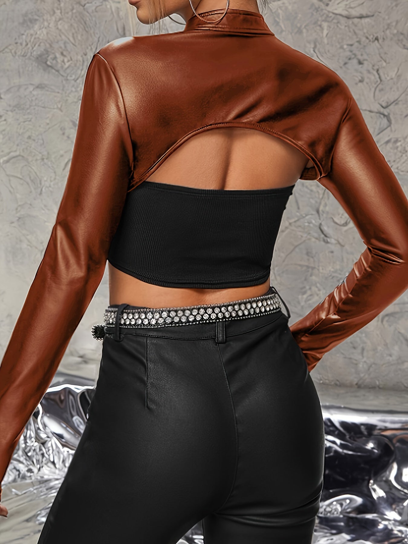 xieyinshe  Solid Faux Leather Crop Top, Vintage Long Sleeve Crop Top For Spring & Fall, Women's Clothing