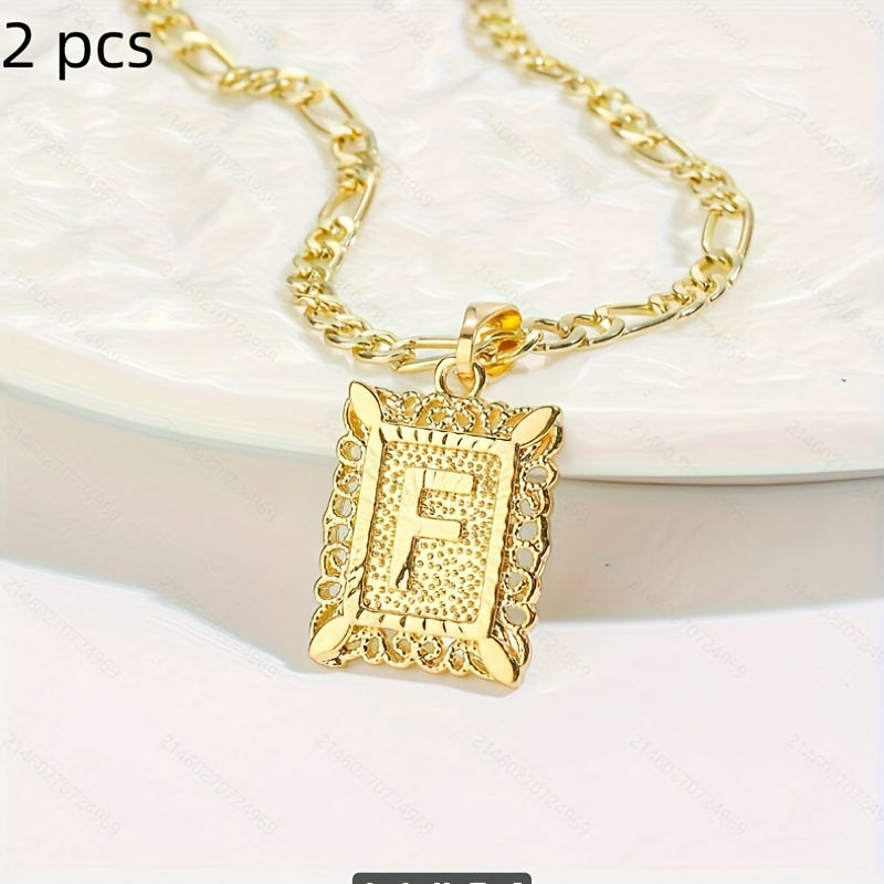 2 pcs Personalized Initial Letter Pendant Necklace - 18K Gold Plated Square Capital Monogram in Figaro Chain - Fashionable Alloy Necklace for Men and Women with A-Z Alphabet Options