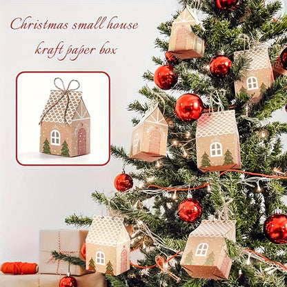 10pcs Festive Kraft Paper Gift Bags with Twine, Christmas Tree and Gingerbread House Design, Holiday Treat Packaging for Cookies and Candy