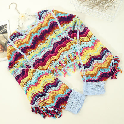 xieyinshe  Colorful Hollow Out Shawl Personality Round Neck Tassel Long Sleeves Knitted Shawl Casual Daily Travel Decoration Coat